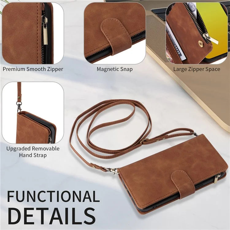 For iPhone 15 Plus Case Zipper Wallet Leather Phone Cover with Hand Strap / Shoulder Strap