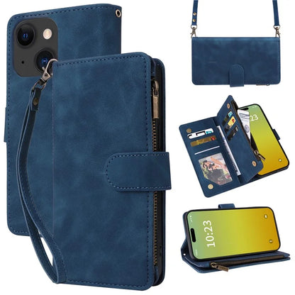 For iPhone 15 Plus Case Zipper Wallet Leather Phone Cover with Hand Strap / Shoulder Strap