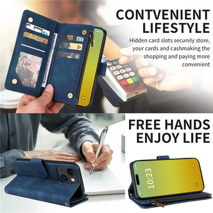 For iPhone 15 Plus Case Zipper Wallet Leather Phone Cover with Hand Strap / Shoulder Strap