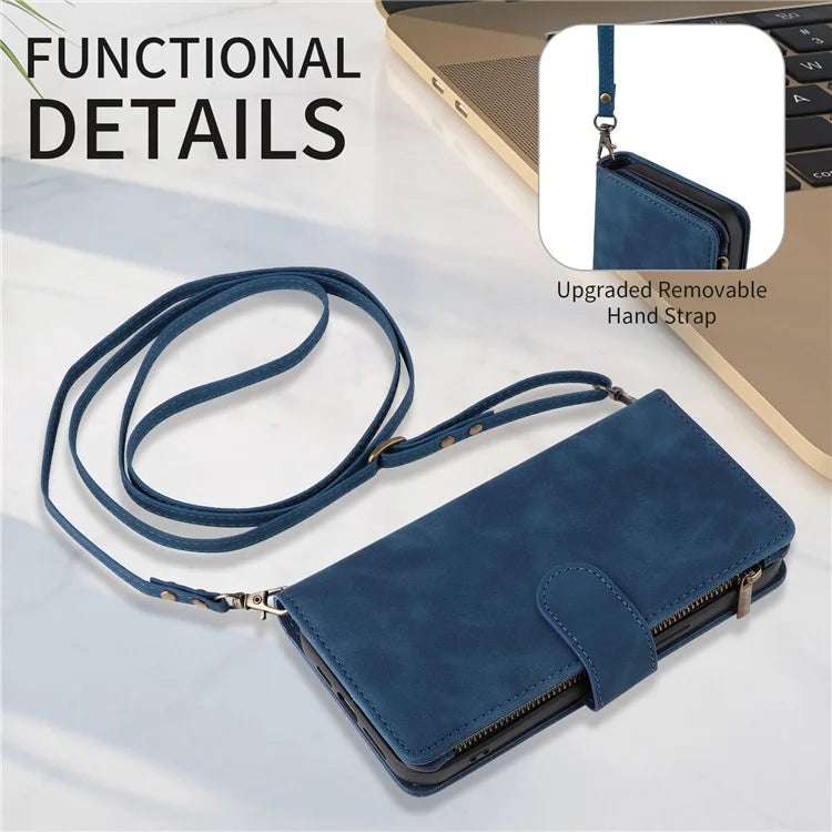 For iPhone 15 Plus Case Zipper Wallet Leather Phone Cover with Hand Strap / Shoulder Strap