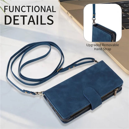 For iPhone 15 Plus Case Zipper Wallet Leather Phone Cover with Hand Strap / Shoulder Strap