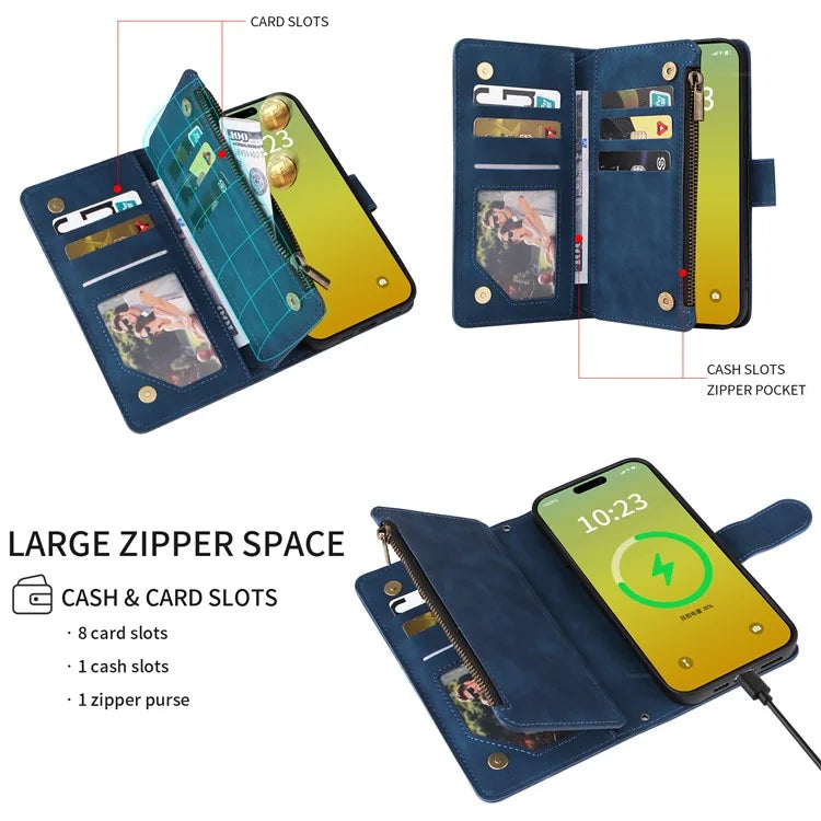 For iPhone 15 Plus Case Zipper Wallet Leather Phone Cover with Hand Strap / Shoulder Strap