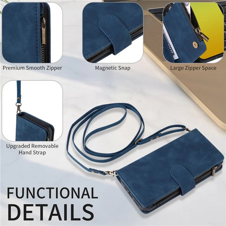 For iPhone 15 Plus Case Zipper Wallet Leather Phone Cover with Hand Strap / Shoulder Strap