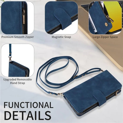 For iPhone 15 Plus Case Zipper Wallet Leather Phone Cover with Hand Strap / Shoulder Strap