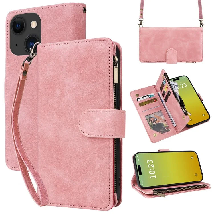 For iPhone 15 Plus Case Zipper Wallet Leather Phone Cover with Hand Strap / Shoulder Strap