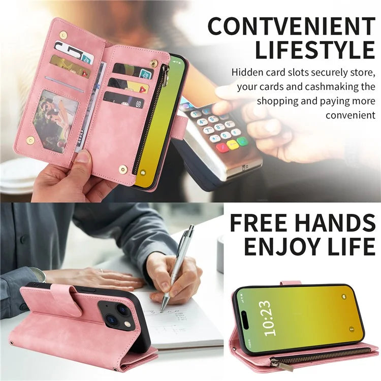 For iPhone 15 Plus Case Zipper Wallet Leather Phone Cover with Hand Strap / Shoulder Strap