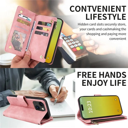 For iPhone 15 Plus Case Zipper Wallet Leather Phone Cover with Hand Strap / Shoulder Strap