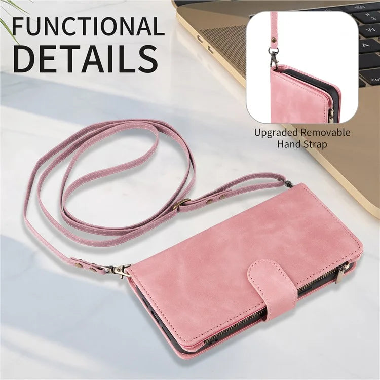 For iPhone 15 Plus Case Zipper Wallet Leather Phone Cover with Hand Strap / Shoulder Strap