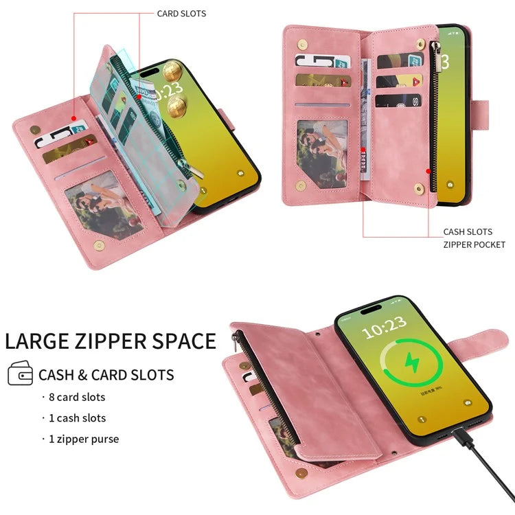 For iPhone 15 Plus Case Zipper Wallet Leather Phone Cover with Hand Strap / Shoulder Strap