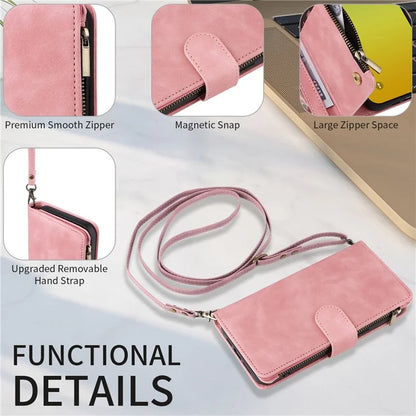 For iPhone 15 Plus Case Zipper Wallet Leather Phone Cover with Hand Strap / Shoulder Strap