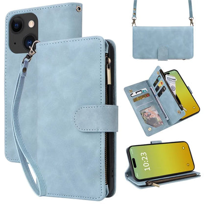 For iPhone 15 Plus Case Zipper Wallet Leather Phone Cover with Hand Strap / Shoulder Strap