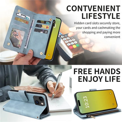 For iPhone 15 Plus Case Zipper Wallet Leather Phone Cover with Hand Strap / Shoulder Strap