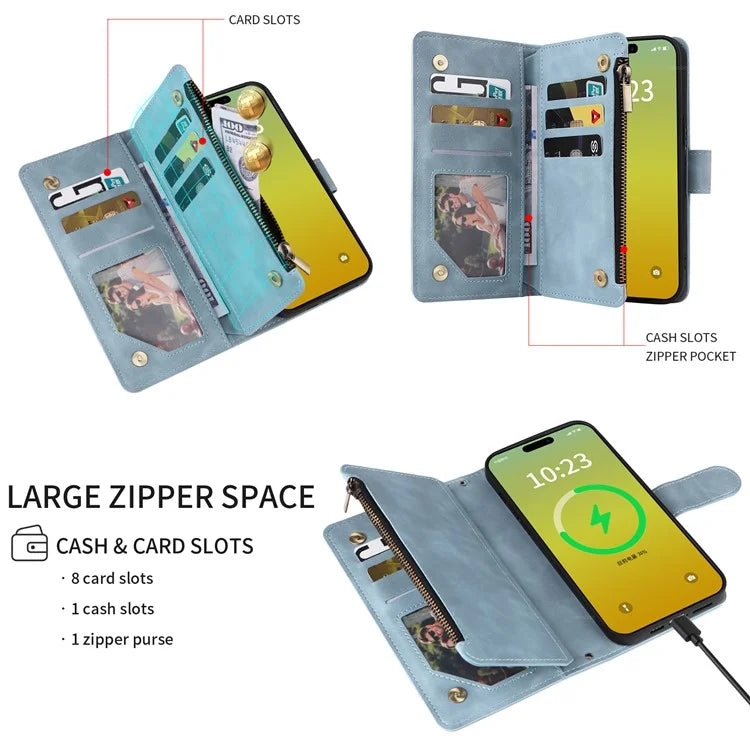For iPhone 15 Plus Case Zipper Wallet Leather Phone Cover with Hand Strap / Shoulder Strap