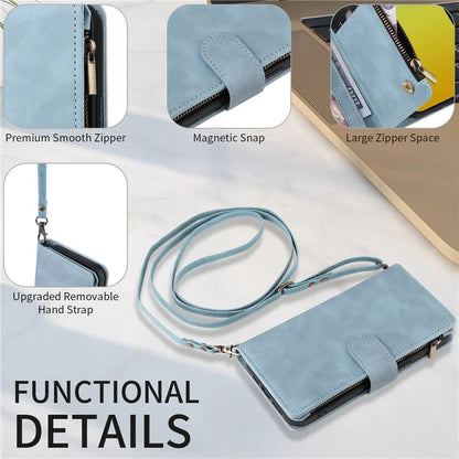 For iPhone 15 Plus Case Zipper Wallet Leather Phone Cover with Hand Strap / Shoulder Strap