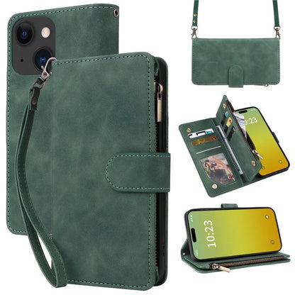 For iPhone 15 Plus Case Zipper Wallet Leather Phone Cover with Hand Strap / Shoulder Strap