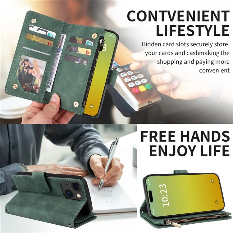 For iPhone 15 Plus Case Zipper Wallet Leather Phone Cover with Hand Strap / Shoulder Strap