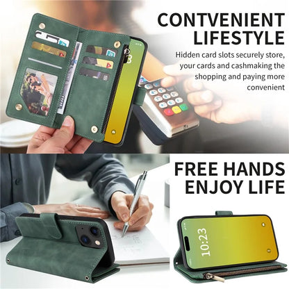 For iPhone 15 Plus Case Zipper Wallet Leather Phone Cover with Hand Strap / Shoulder Strap