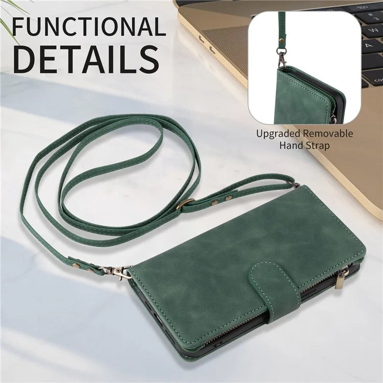 For iPhone 15 Plus Case Zipper Wallet Leather Phone Cover with Hand Strap / Shoulder Strap