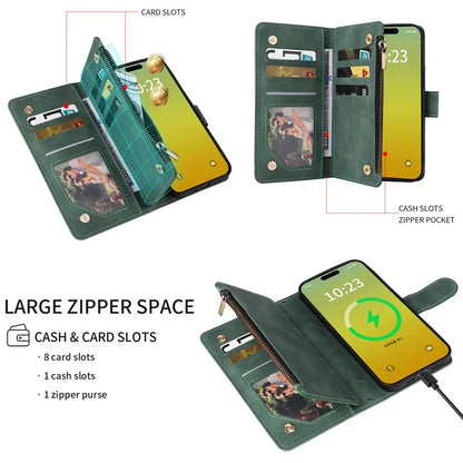 For iPhone 15 Plus Case Zipper Wallet Leather Phone Cover with Hand Strap / Shoulder Strap