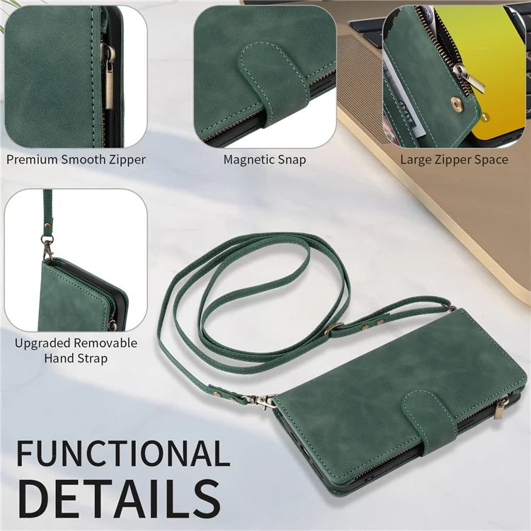 For iPhone 15 Plus Case Zipper Wallet Leather Phone Cover with Hand Strap / Shoulder Strap