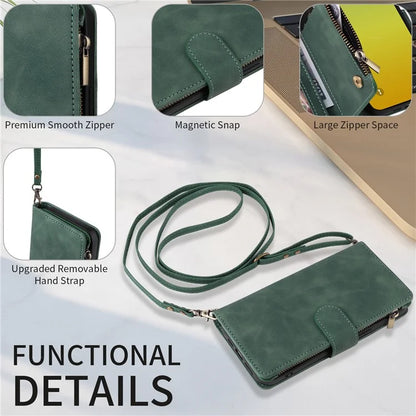 For iPhone 15 Plus Case Zipper Wallet Leather Phone Cover with Hand Strap / Shoulder Strap