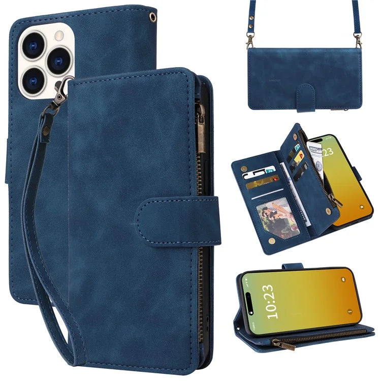For iPhone 15 Pro Max Case with Shoulder Strap Zipper Wallet Leather Phone Cover