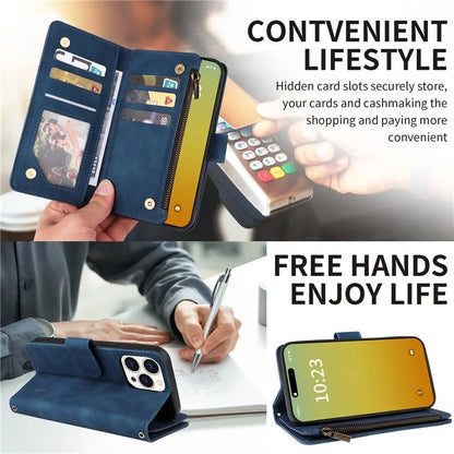 For iPhone 15 Pro Max Case with Shoulder Strap Zipper Wallet Leather Phone Cover
