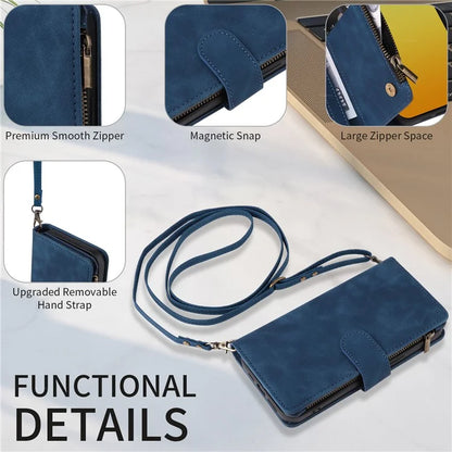 For iPhone 15 Pro Max Case with Shoulder Strap Zipper Wallet Leather Phone Cover