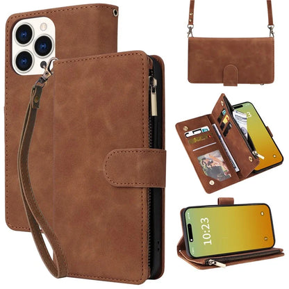 For iPhone 15 Pro Max Case with Shoulder Strap Zipper Wallet Leather Phone Cover