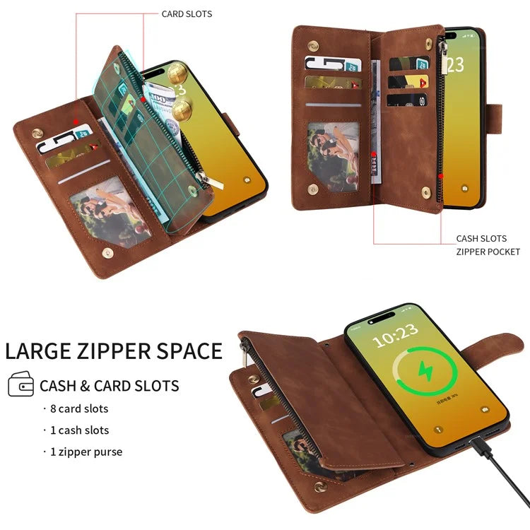 For iPhone 15 Pro Max Case with Shoulder Strap Zipper Wallet Leather Phone Cover