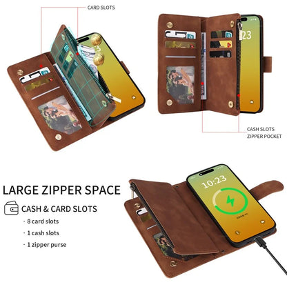 For iPhone 15 Pro Max Case with Shoulder Strap Zipper Wallet Leather Phone Cover