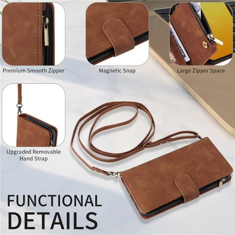 For iPhone 15 Pro Max Case with Shoulder Strap Zipper Wallet Leather Phone Cover