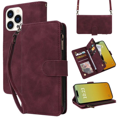 For iPhone 15 Pro Max Case with Shoulder Strap Zipper Wallet Leather Phone Cover