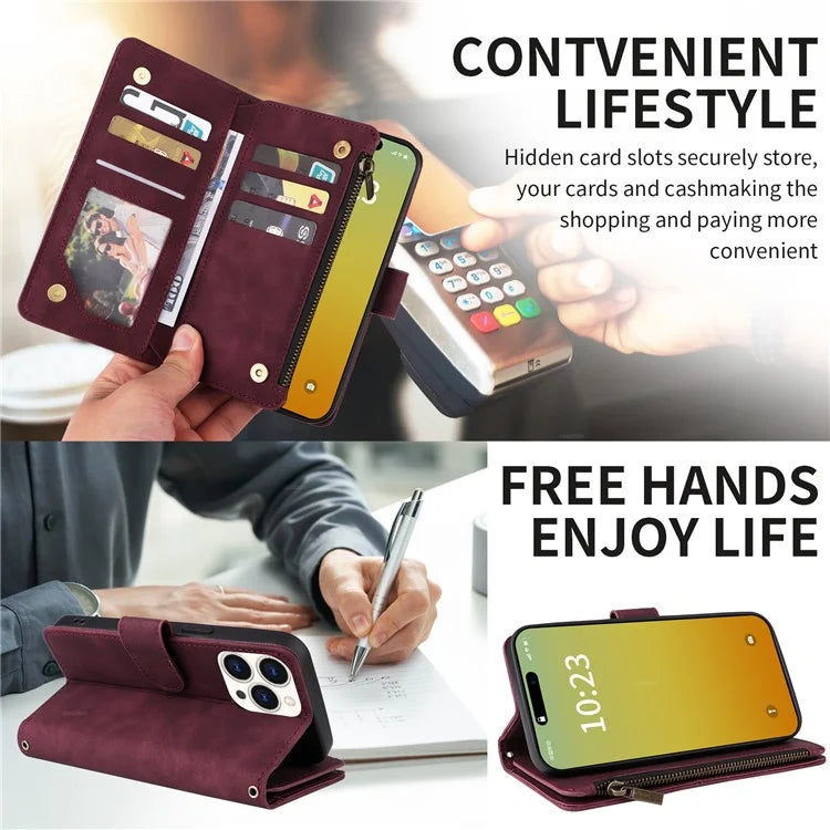 For iPhone 15 Pro Max Case with Shoulder Strap Zipper Wallet Leather Phone Cover