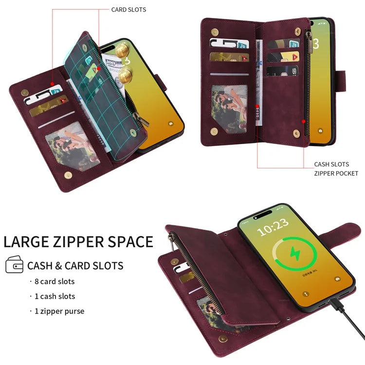 For iPhone 15 Pro Max Case with Shoulder Strap Zipper Wallet Leather Phone Cover