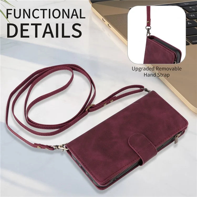 For iPhone 15 Pro Max Case with Shoulder Strap Zipper Wallet Leather Phone Cover