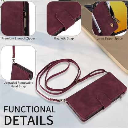 For iPhone 15 Pro Max Case with Shoulder Strap Zipper Wallet Leather Phone Cover