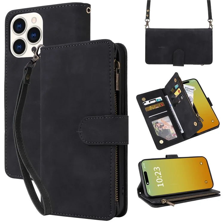 For iPhone 15 Pro Max Case with Shoulder Strap Zipper Wallet Leather Phone Cover