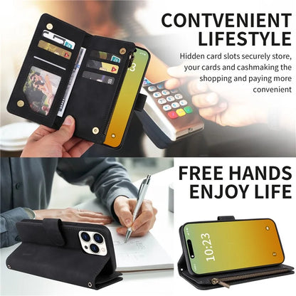 For iPhone 15 Pro Max Case with Shoulder Strap Zipper Wallet Leather Phone Cover