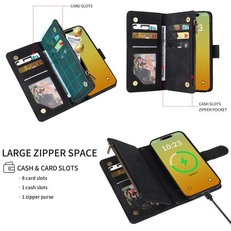 For iPhone 15 Pro Max Case with Shoulder Strap Zipper Wallet Leather Phone Cover