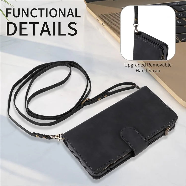 For iPhone 15 Pro Max Case with Shoulder Strap Zipper Wallet Leather Phone Cover
