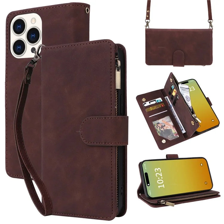 For iPhone 15 Pro Max Case with Shoulder Strap Zipper Wallet Leather Phone Cover