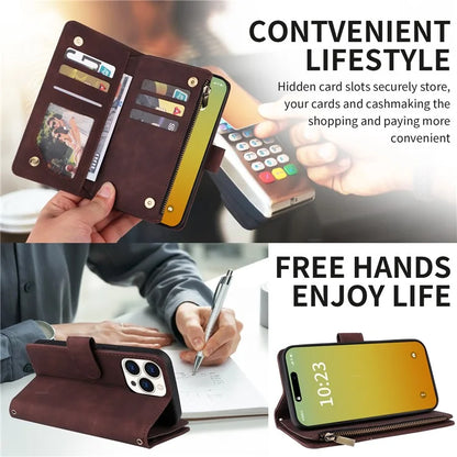 For iPhone 15 Pro Max Case with Shoulder Strap Zipper Wallet Leather Phone Cover