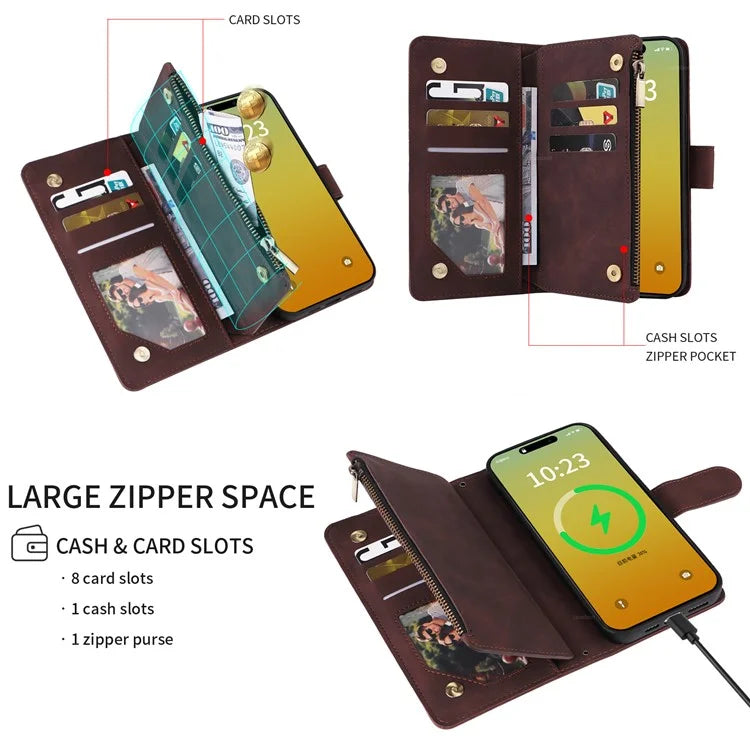 For iPhone 15 Pro Max Case with Shoulder Strap Zipper Wallet Leather Phone Cover