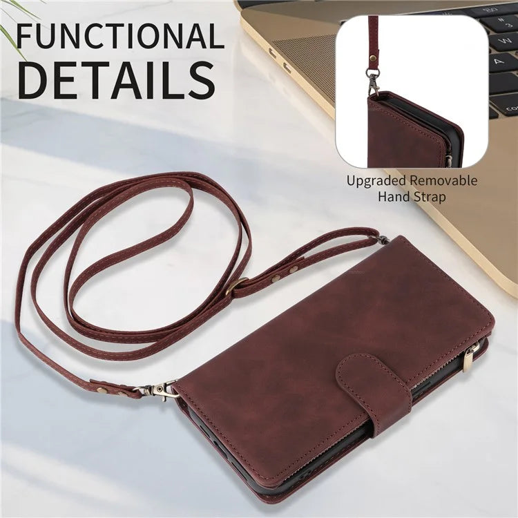 For iPhone 15 Pro Max Case with Shoulder Strap Zipper Wallet Leather Phone Cover