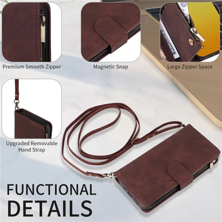 For iPhone 15 Pro Max Case with Shoulder Strap Zipper Wallet Leather Phone Cover
