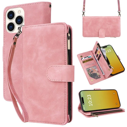 For iPhone 15 Pro Max Case with Shoulder Strap Zipper Wallet Leather Phone Cover