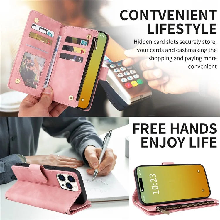 For iPhone 15 Pro Max Case with Shoulder Strap Zipper Wallet Leather Phone Cover