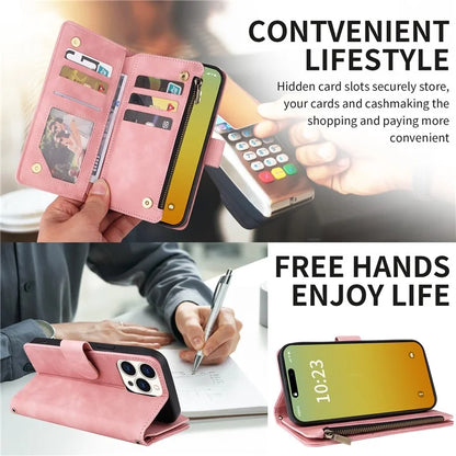 For iPhone 15 Pro Max Case with Shoulder Strap Zipper Wallet Leather Phone Cover