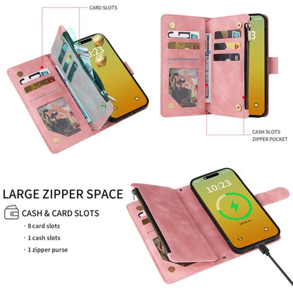 For iPhone 15 Pro Max Case with Shoulder Strap Zipper Wallet Leather Phone Cover